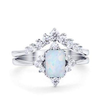 Art Deco Two Piece Wedding Ring Emerald Cut Band Lab Created White Opal 925 Sterling Silver
